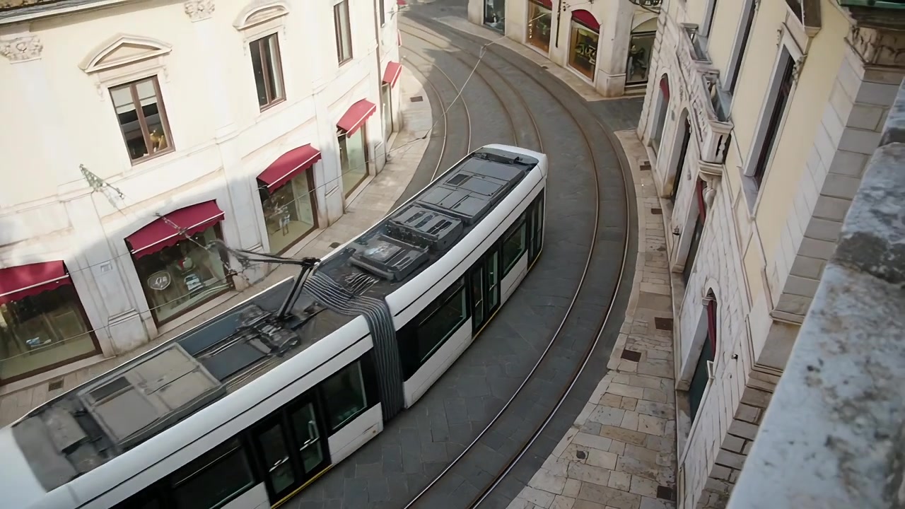 Pantografo che tocca il filo alimentando un tram articolato bianco che segue binari curvi nel centro città.