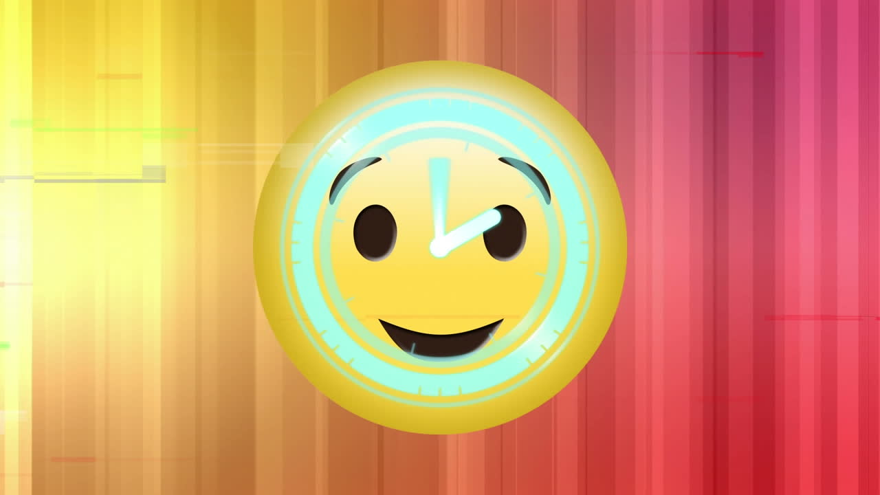 reloj digital de neón haciendo tic-tac sobre emoji de cara parpadeante contra un fondo de gradiente colorido