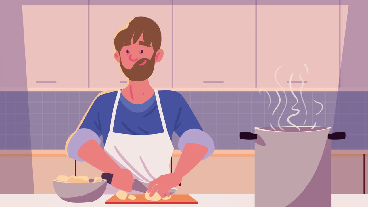 bearded man cooking kitchen recipe animation