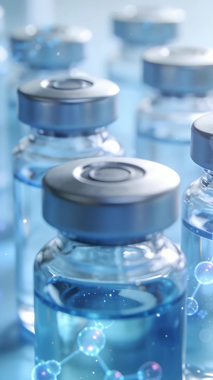 Vertical video: Pulling focus, camera showing center sealed vial in lab, highlighting molecules