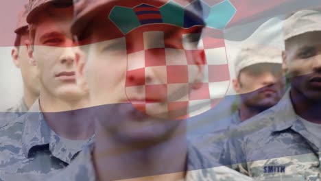 animación de la bandera de croacia sobre varios soldados varones