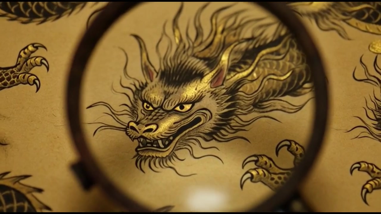 Lente d'ingrandimento che esamina un'illustrazione tradizionale di drago cinese su pergamena