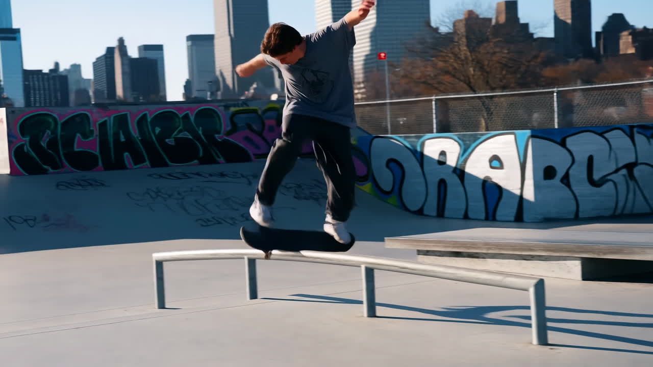 Giovane che fa 'grind' su un rail in uno skatepark urbano