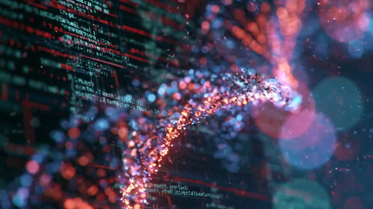 Illuminated DNA Sequence Moving Across a Futuristic Genomic Data Display
