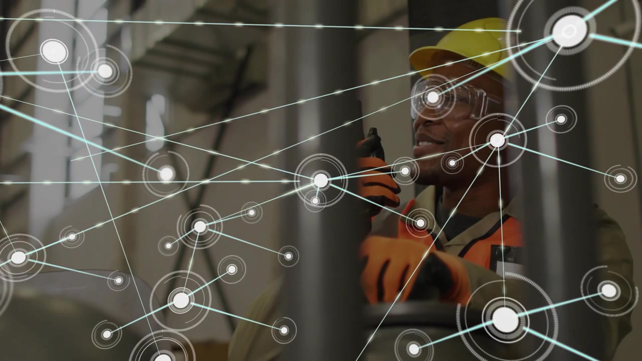 Forklift operator lifting radio and speaking, activating animated node network in warehouse bay