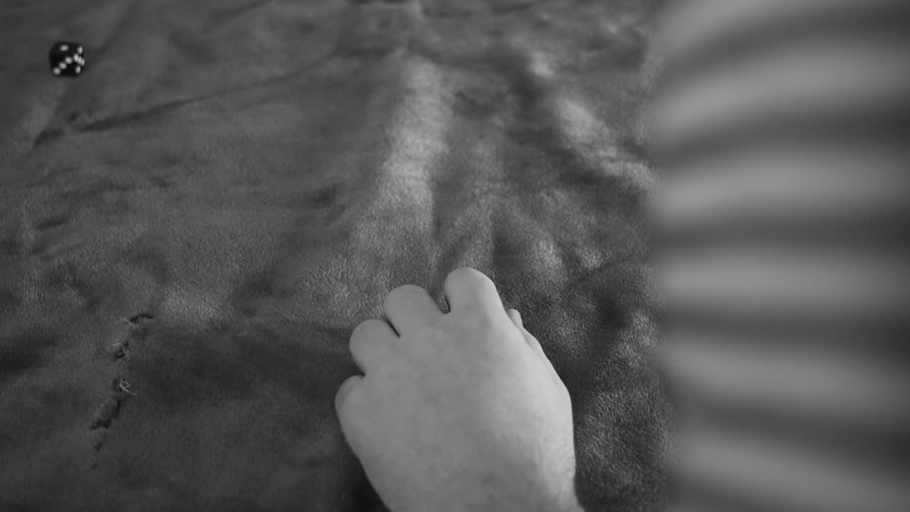 한 남자가 회색 펠트에서 검은색 주사위 세트를 집는다