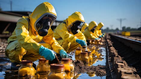 workers in protective suits collect soil samples along railroad tracks