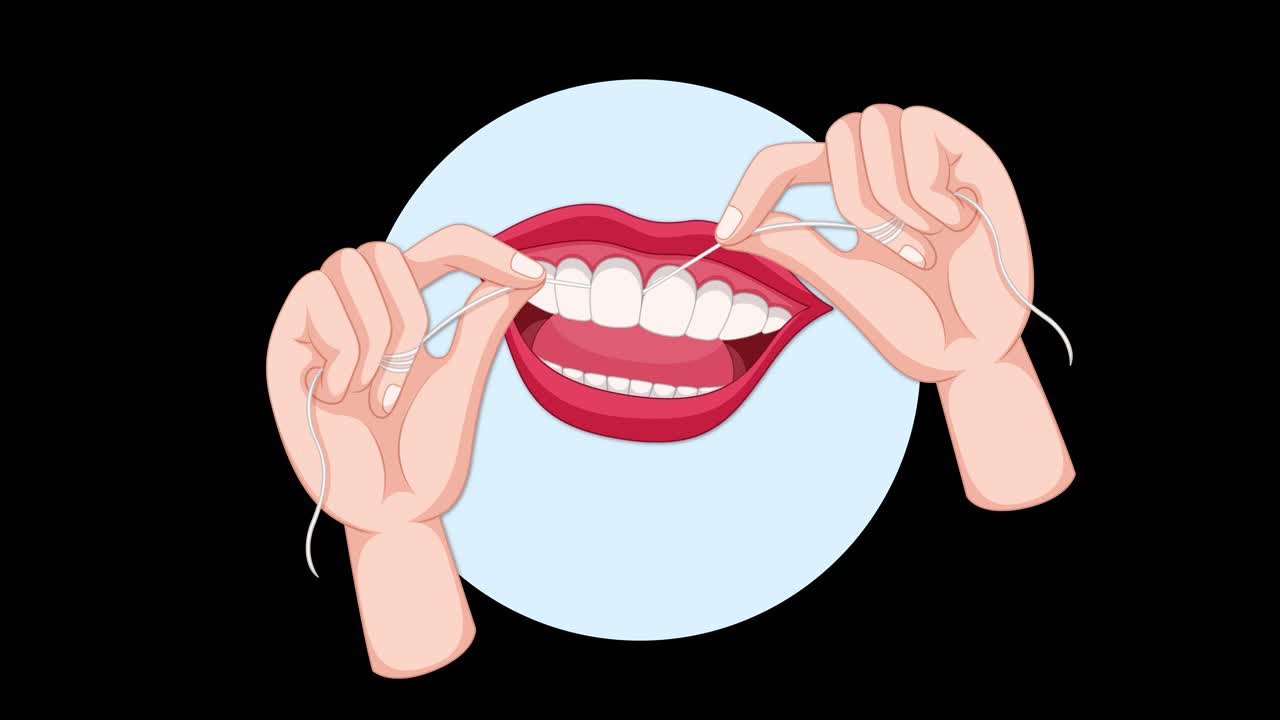 Vector animation demonstrates proper dental flossing between teeth using hands and floss, with smooth repetitive motion, isolated on a black background and blue circle
