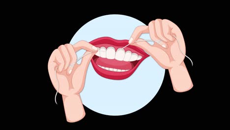 vector animation demonstrates proper dental flossing between teeth using hands and floss, with smooth repetitive motion, isolated on a black background and blue circle