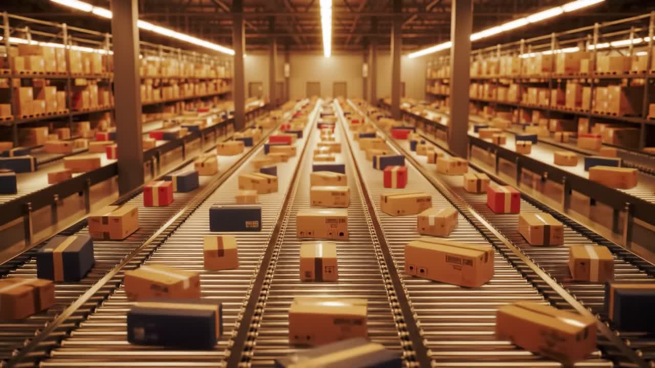 An automated sorting system moves various packages through a warehouse as workers manage operations under warm lighting. The facility focuses on logistics and distribution activities.