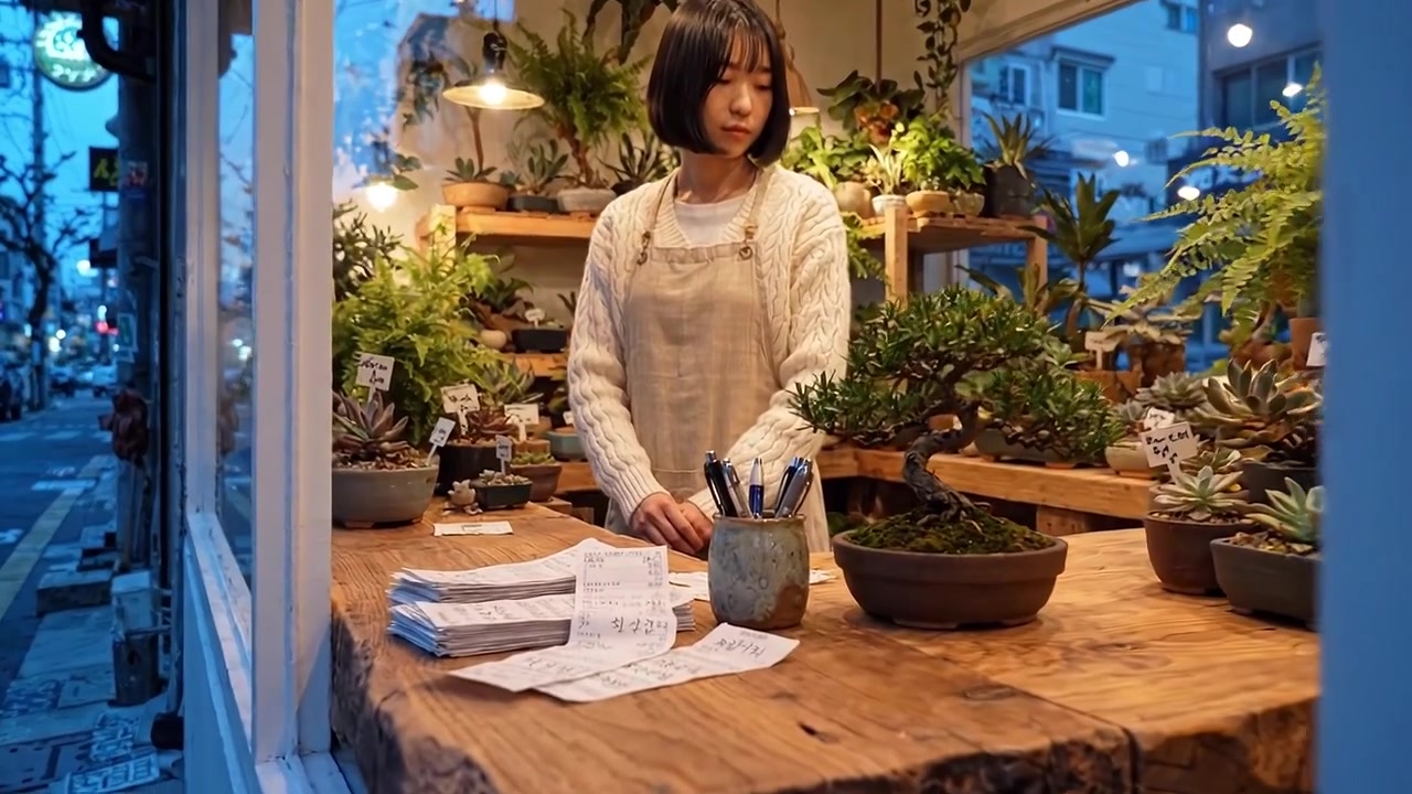 A Tranquil Plant Shop Scene with a Careful Florist and Lush Greenery Surrounded by Bonsai Trees, Notes, and Supplies at Dusk in a Charming Urban Environment