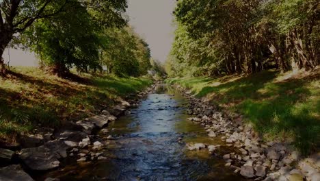 Fluss-Mit-Steinen-Und-Bäumen-Am-Rande,-Filmischer-Drohnenschuss