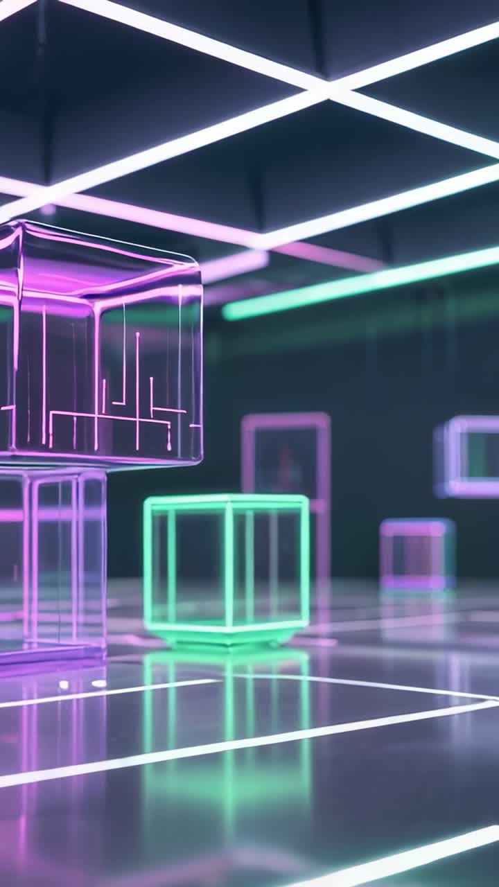 Video verticale: all'avvio, carrellata della telecamera che supera un cubo malva in una stanza al neon, rivelando motivi di circuiti