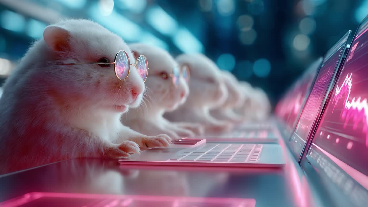 A Cute Group of Computer-Savvy Hamsters Wearing Glasses, Engaged with Laptops and Colorful Displays in a High-Tech Environment, Showcasing Their Adorable Tech Skills