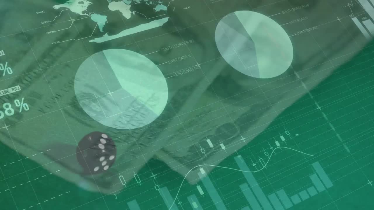 Animation of financial data processing over dice and american dollar bills on green background
