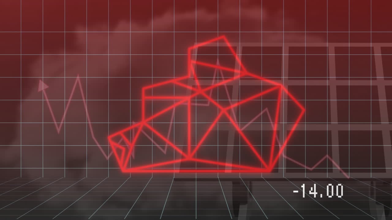 은 기하학적 모양과 -14의 격자 배경 위의 금융 그래프 애니메이션