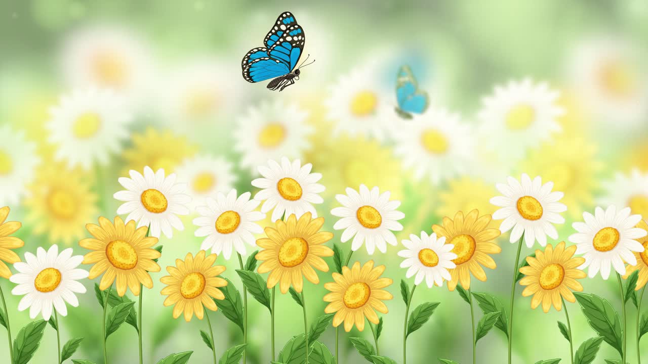 Blue butterflies gracefully flutter over vibrant yellow and white flowers in a serene, sunlit meadow