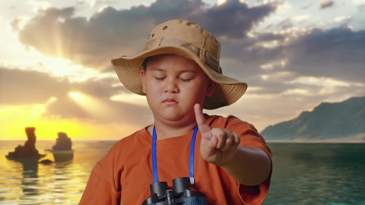 Asiatischer Junge mit Hut und Fernglas, der mit einer Lupe auf dich zeigt, den Kopf schüttelt und mit dem Zeigefinger am Strand wedelt. Junge Forscher, der keine Geste zeigt, Nahaufnahme