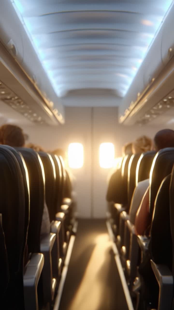 Luz solar dourada entrando pelas janelas do avião, iluminando os assentos dos passageiros e criando uma atmosfera serena dentro de um jato comercial durante o voo.