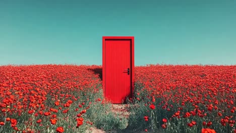 una puerta roja en un campo de flores rojas