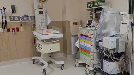 Slow-pan-of-various-equipment-in-pediatric-ER-trauma-room-missing-bed