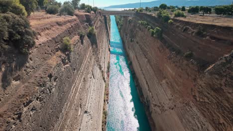 View along Corinth canal passageway to Saronic Gulf Aegean Sea.