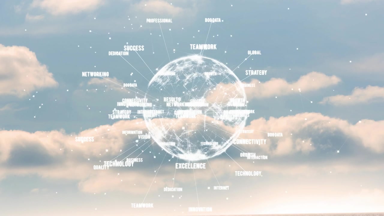 Glowing particles forming wireframe globe over clouds sending keywords illustrating business growth