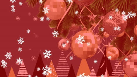 animación de copos de nieve que caen y triángulos en primer plano del árbol de navidad decorado
