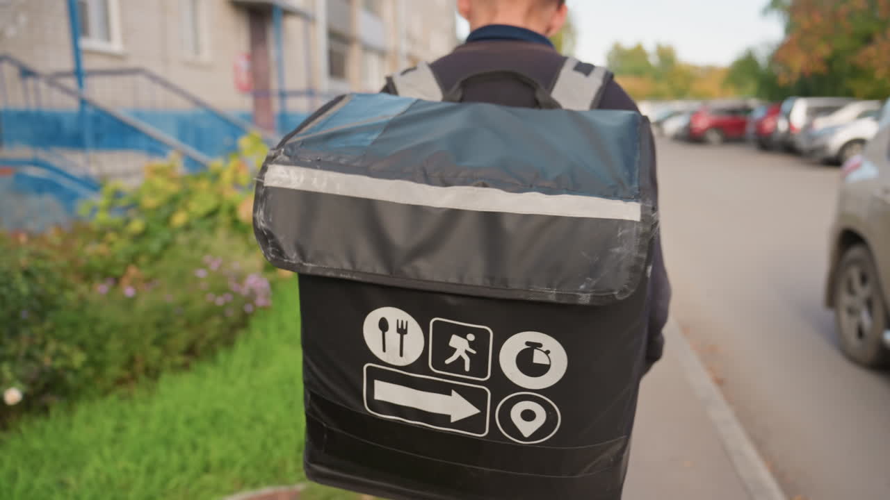 Un mensajero blanco camina con una mochila isotérmica por la acera de un barrio residencial, pasando junto a coches aparcados y césped irregular, acercándose a la puerta de una casa mientras camina por el pavimento, con una banda reflectante en la mochila y un estilo informal