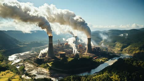 industrial smokestacks emit clouds over river valley in daylight hours