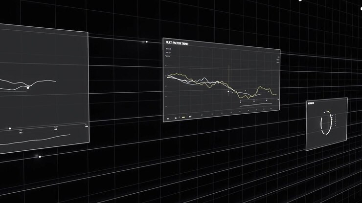 Playback starting HUD panels sliding through 3D grid, showing market data and nodes to show trends