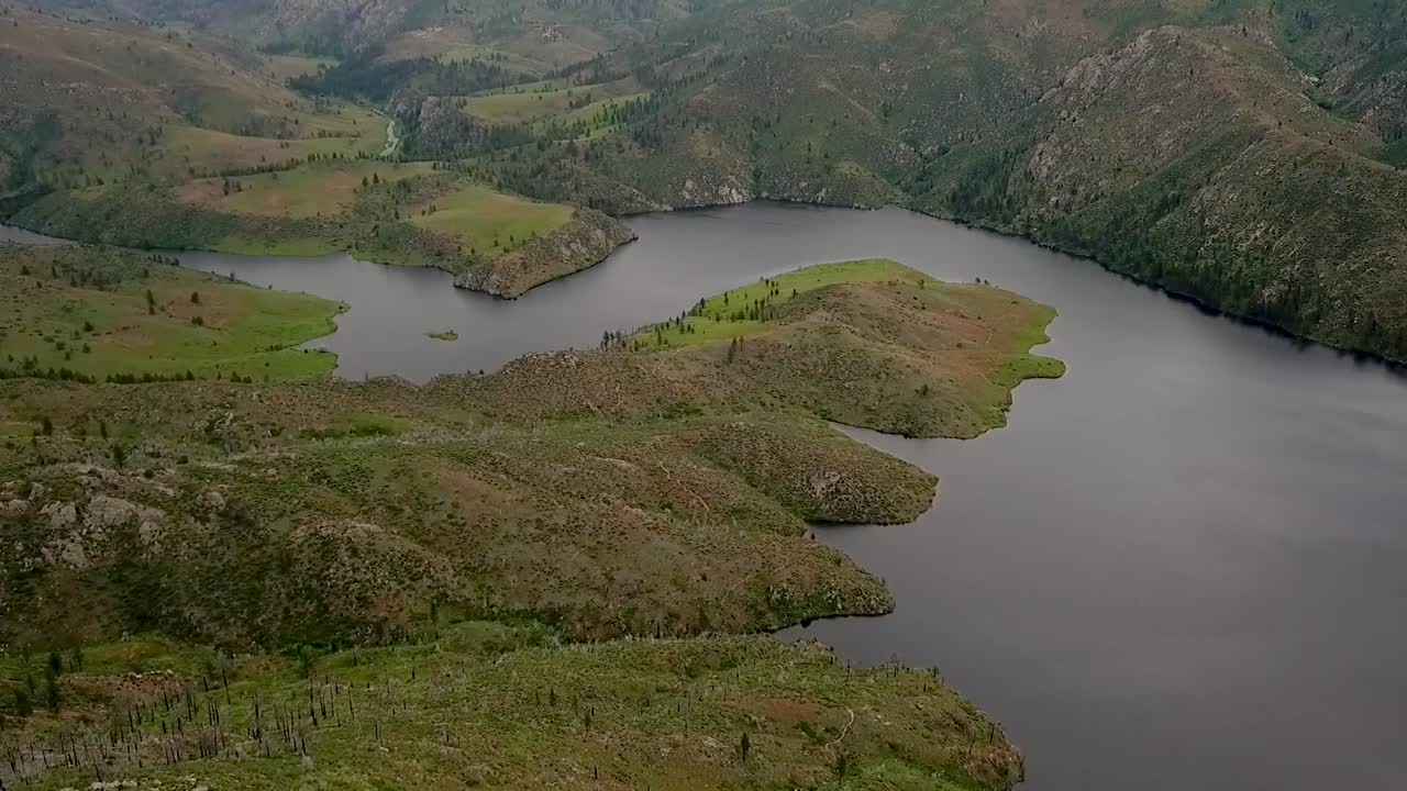 Aerial flight in Poudre Canyon Colorado reservoirs in the mountains