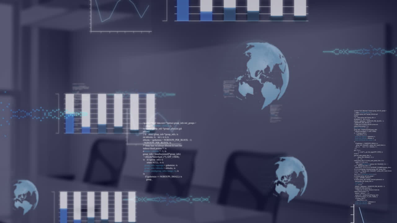 Animation of financial data processing over empty room in office