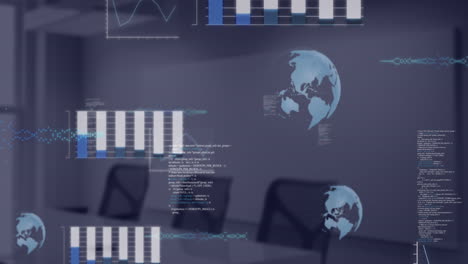 animación del procesamiento de datos financieros en una habitación vacía en la oficina