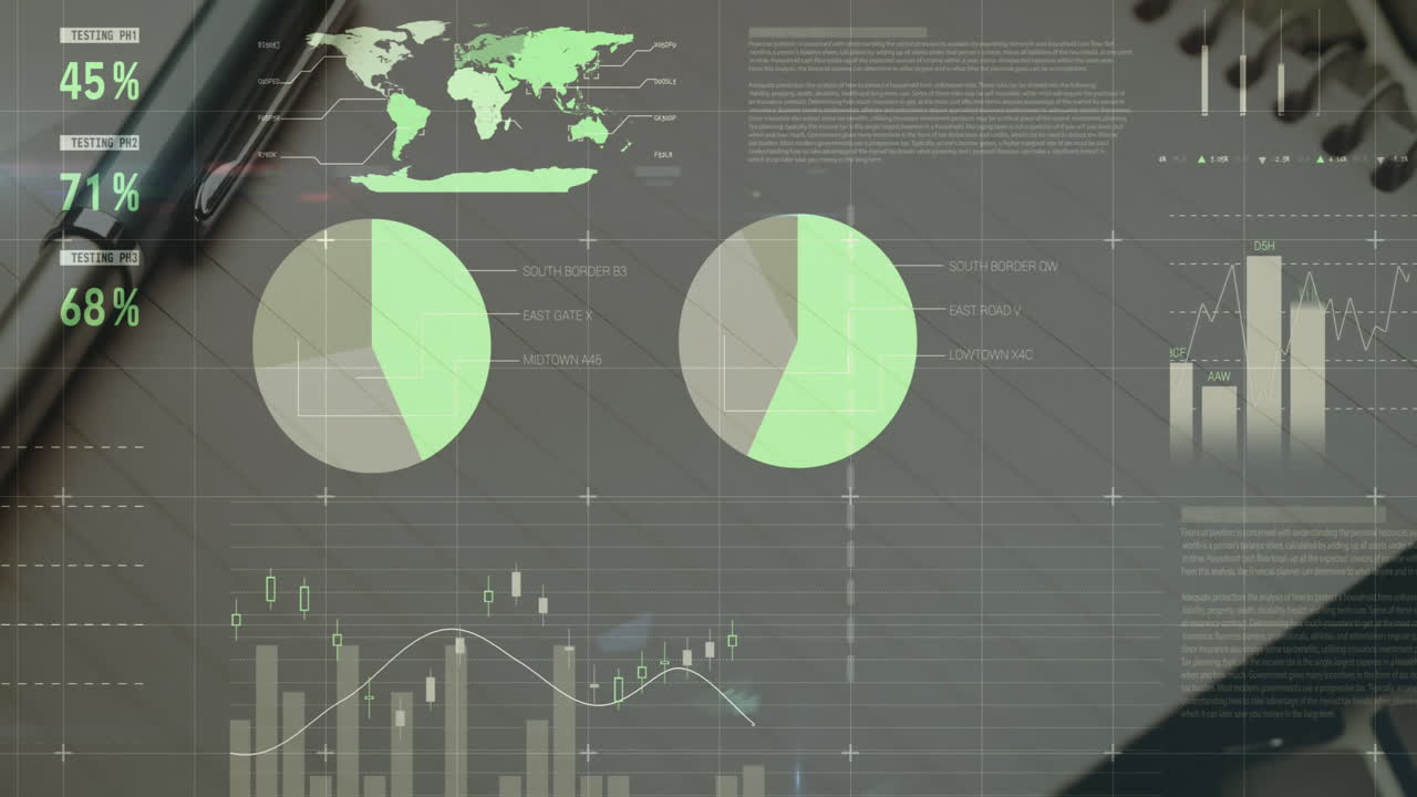 animación de la interfaz infográfica multicolor sobre el bolígrafo en el bloc de notas
