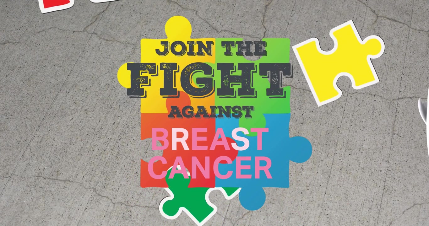 Animation of fight against breast cancer text over puzzle and head