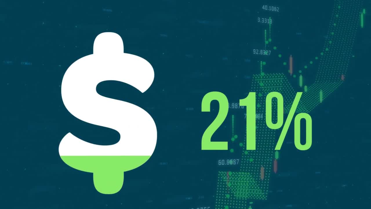 Animazione del simbolo del dollaro e del simbolo di percentuale che si riempiono su elaborazione di dati finanziari
