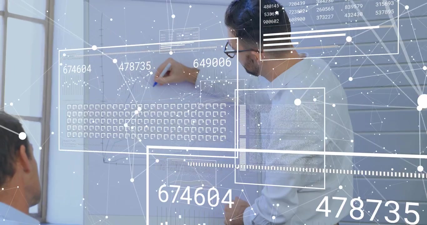 Presenter adjusting flipchart and writing numbers for business planning as HUD overlays growing