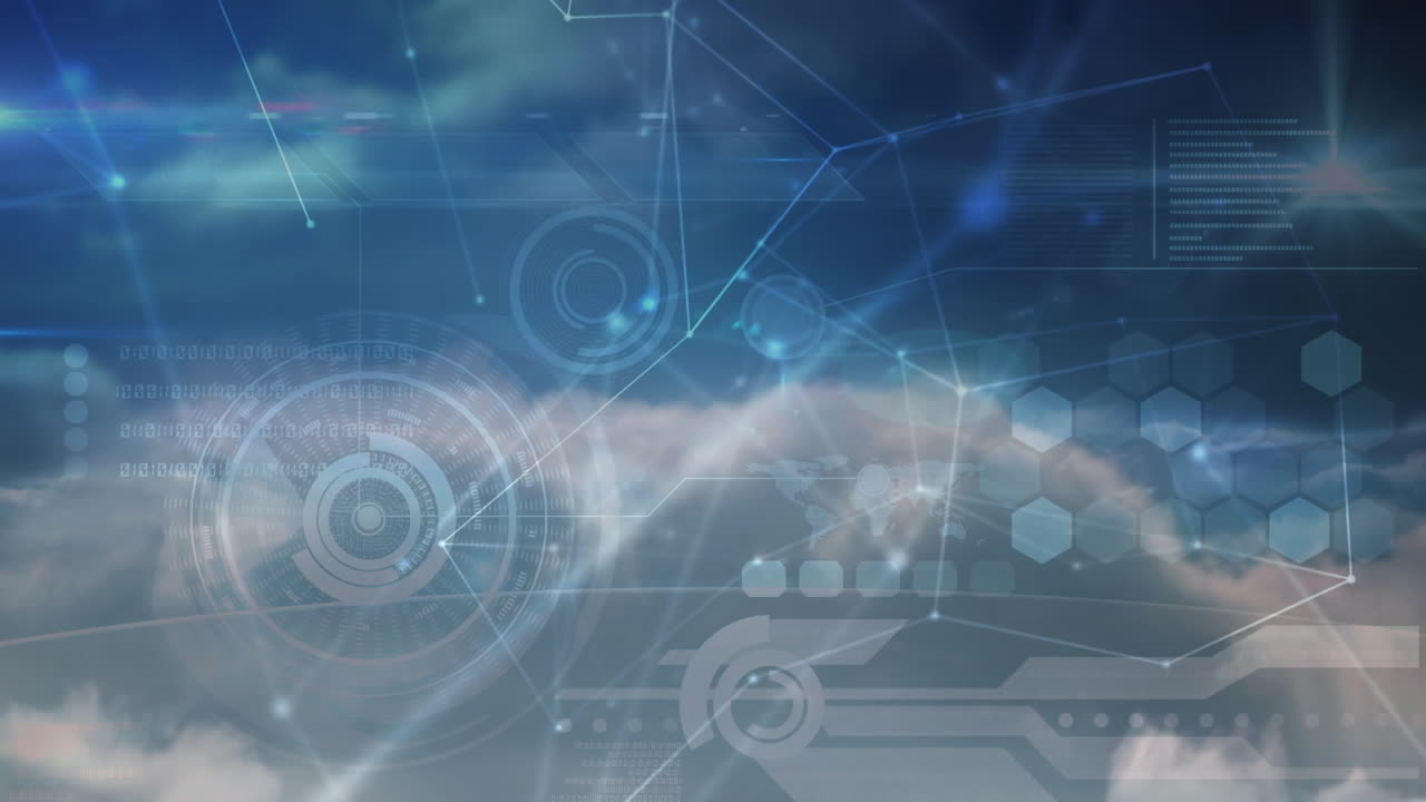 구름이 많은 파란 하늘에서 빛나는 연결 네트워크와 정보 처리의 애니메이션