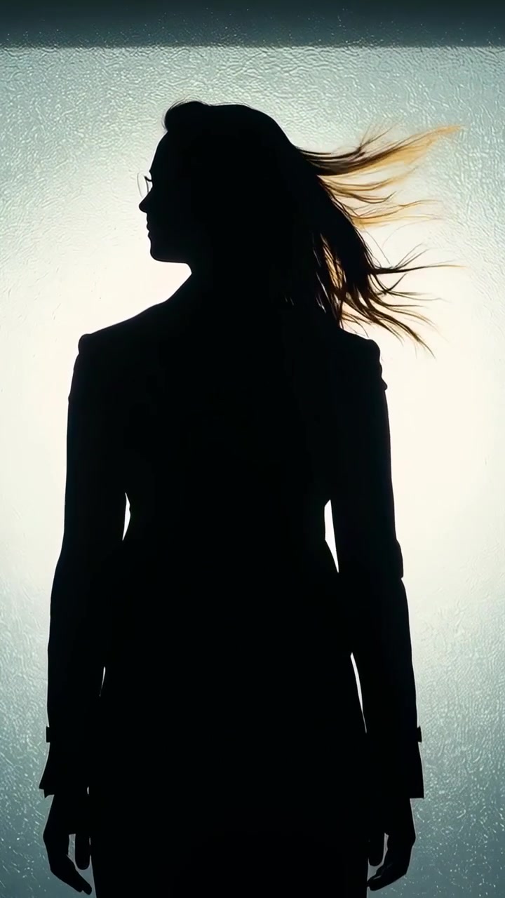 Video verticale: Donna in posa che gira a sinistra vicino a un pannello retroilluminato mentre una folata di vento le solleva i capelli, con occhiali e in tailleur.