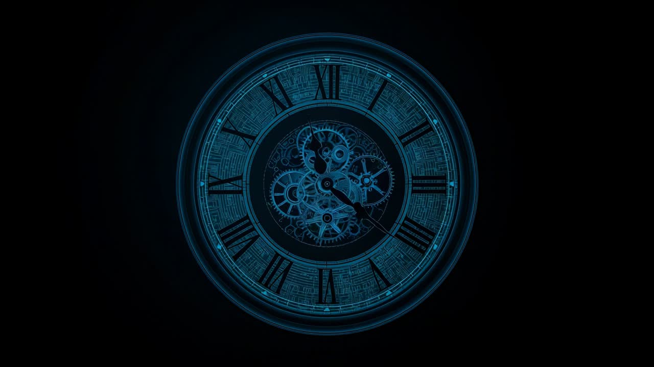 Activating analog clock face showing second hand advancing in void using gear train for timekeeping