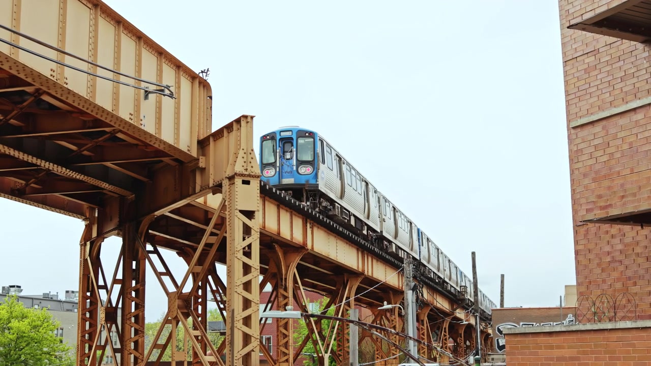Estructura metálica de vías de tren elevadas vista en una ciudad en un día nublado con edificios cercanos y vegetación debajo