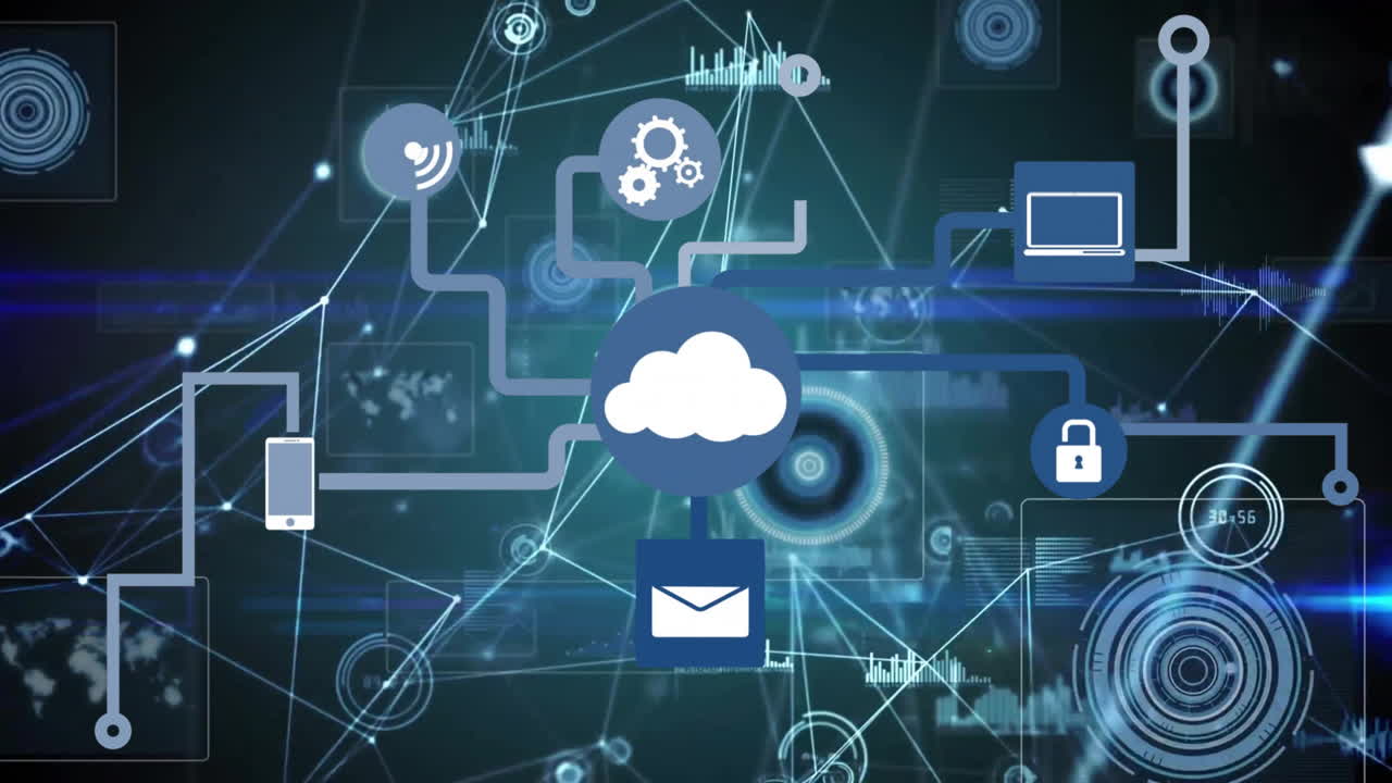 animación de nubes e íconos sobre una red de conexiones en fondo oscuro