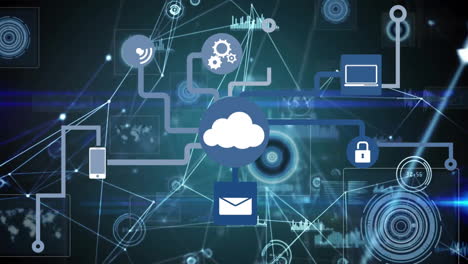 animazione di nuvole e icone su rete di connessioni su sfondo scuro