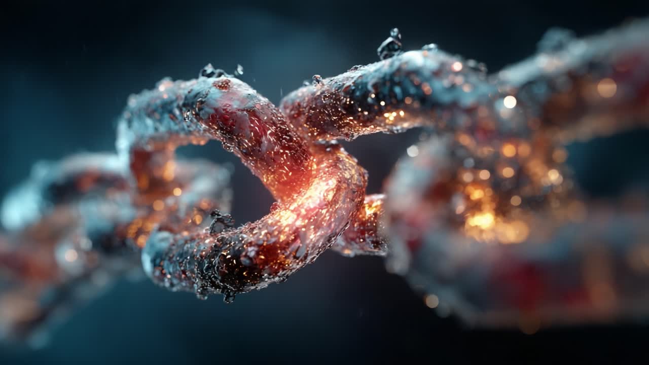 A Stunning Visual of Interconnected Chains Glowing Underwater, Showcasing Detailed Textures and Reflections Through Layered Water Droplets in an Artistic Perspective