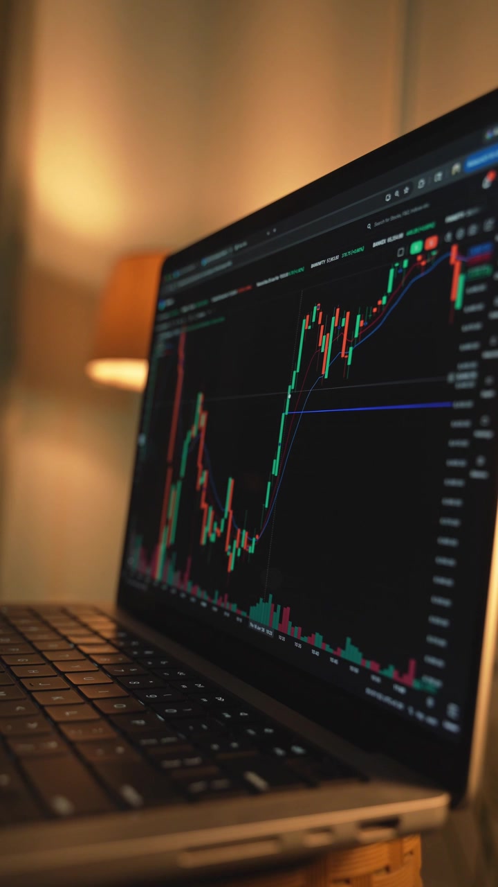 Trader che analizza grafici di borsa su un laptop tramite una piattaforma di brokeraggio