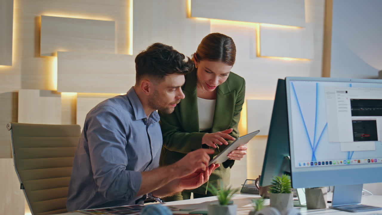 Two managers interacting office working at business project. Happy professionals