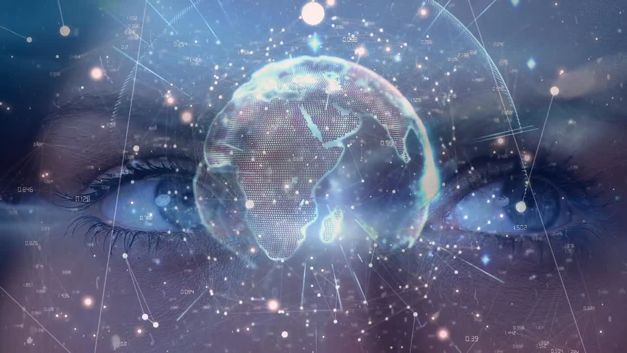 animación del procesamiento de datos sobre los ojos de una mujer caucásica