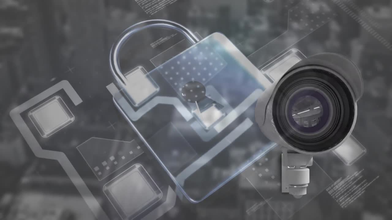 Animation of online security padlock and camera recording over cityscape in the background.
