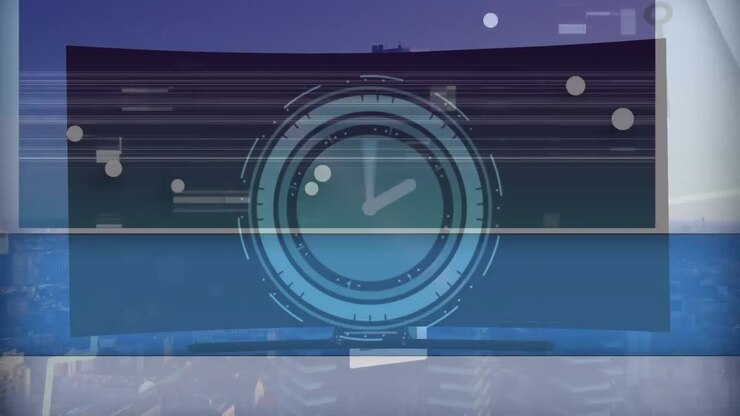 Animation of glitch effect over ticking clock against aerial view of cityscape